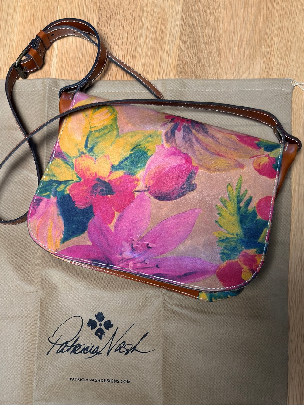 Patricia Nash Pink Floral Canvas Crossbody with Brown Leather Trim